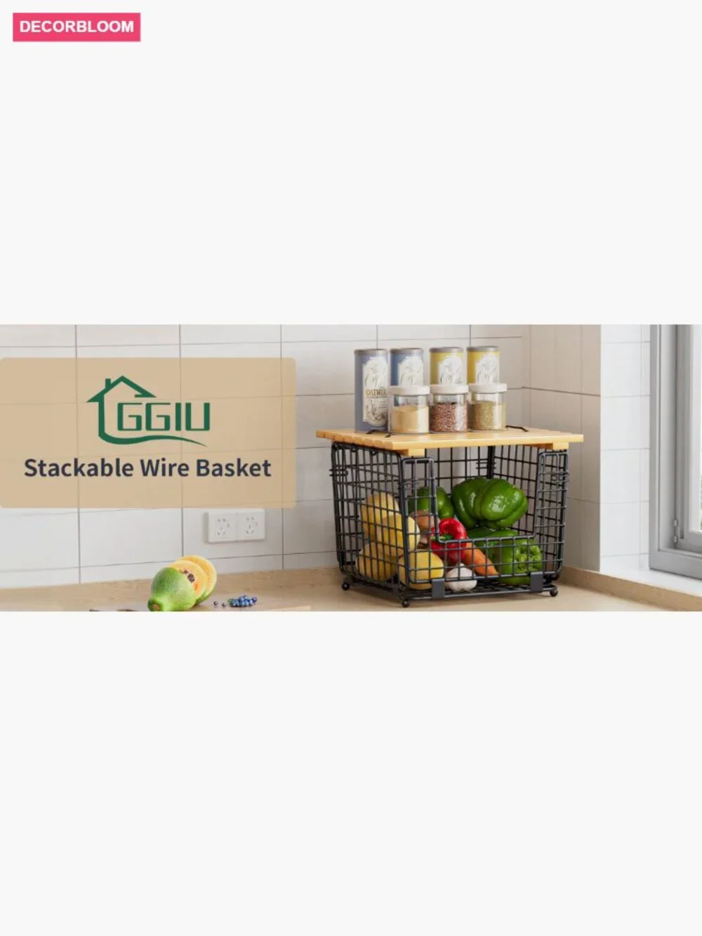 Stackable Wire Storage Baskets for Kitchen Pantry Counter Organizer - 2 Pack